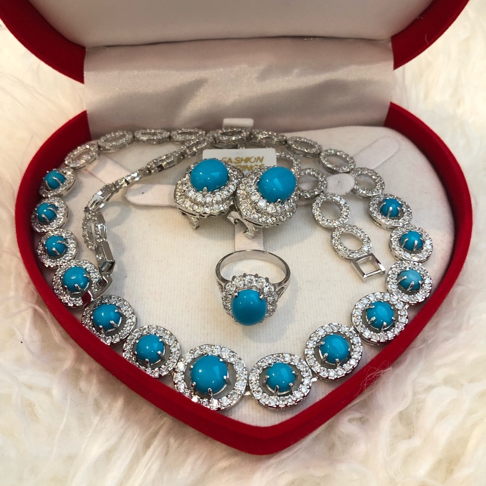 Turquoise set with Zirconia - Silver-mixed metal